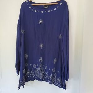 SHOPPING WITH ANTHONY 3X Navy Blue Metallic Silver Embroidery LS Tunic Top EUC